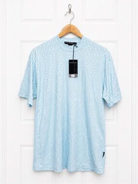 Syllables NWT Light Blue Geometric Jacquard Mock Neck T-Shirt Mens Large